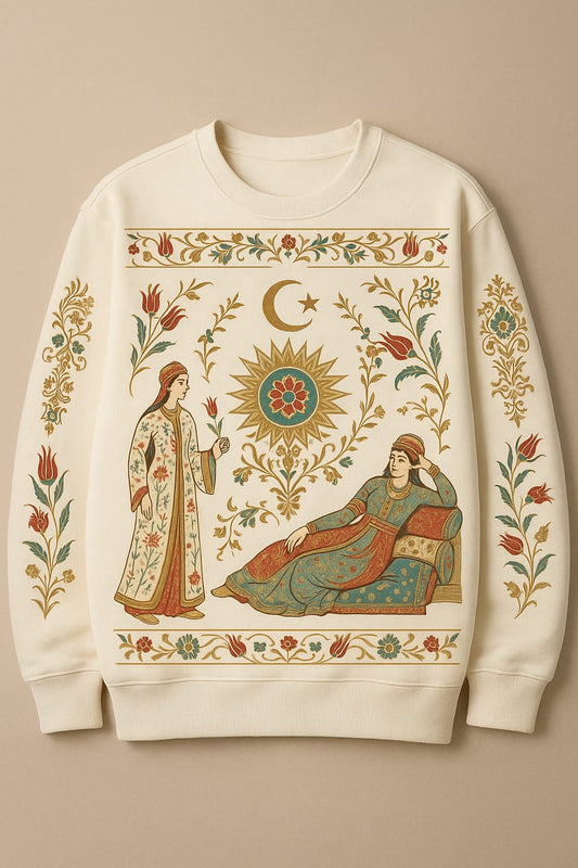 Osmanlı Desenli Saray Temalı Krem Rengi Unisex Sweatshirt Oversize